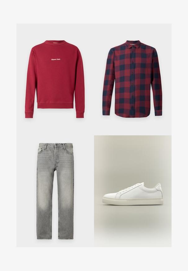 Bordeaux sweatshirt lavet af en bomuldsblanding med rund hals, ribbede manschetter og nederste kant. Har hvidt broderet tekst "Original Studio" på forsiden.; Rød og marineblå plaid langærmet skjorte med nedfoldet krave og mørke knapper. Lavet af letvægtsstof med en glat tekstur.; Grå denim jeans med en afslappet pasform, der har en lysvasket finish, fem lommers design, knaplukning og lige ben.; Hvid lavtop sneaker med snørebånd foran og tyk sål, vist fra siden mod en neutral baggrund.
