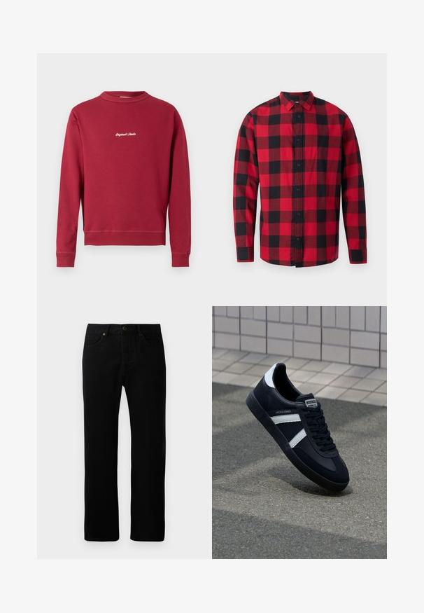 Bordeaux sweatshirt lavet af en bomuldsblanding med rund hals, ribbede manschetter og nederste kant. Har hvidt broderet tekst "Original Studio" på forsiden.; Rødmønstret flannel-skjorte i sort og rød med knaplukning foran, lange ærmer og krave. Har et klassisk ternet mønster.; Sorte denimjeans med lige ben-design, fem-lomme stil, frontknaplukning og diskrete syninger.; Sort lædersneaker med hvide striber, tekstureret gummisål og snørrebånd foran. Har et brandet mærke på tungen.