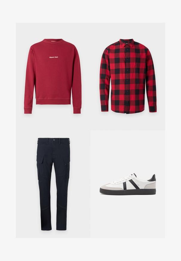 Bordeaux sweatvest van een katoenmix met een ronde hals, ribgebreide manchetten en onderrand. Voorzien van witte geborduurde tekst "Original Studio" op de voorkant.; Rood en zwart geruite flanellen shirt met een knoopsluiting aan de voorkant, lange mouwen en een kraag. Heeft een klassiek ruitpatroon.; Cargo pants in donker marineblauwe stof met meerdere zakken, waaronder zijcargo zakken, en zichtbare stiksels. Slim-fit ontwerp.; Witte sneaker met zwarte en grijze accenten, voorzien van een grijze neus met textuur, zwarte rubberen zool en platte witte veters. Schoon ontwerp, minimalistische stijl.