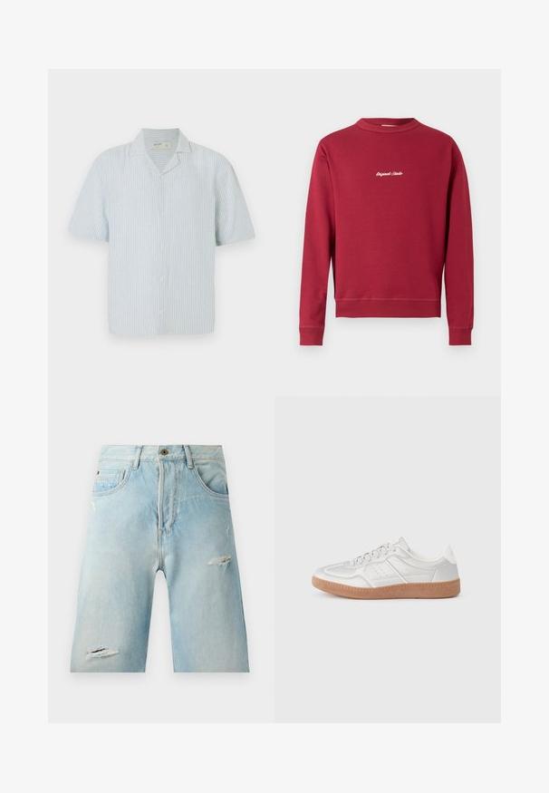 Burgunderfarbener Sweatshirt aus Baumwollmischung mit Rundhalsausschnitt, gerippten Bündchen und Saum. Auf der Vorderseite befindet sich der weiße gestickte Text "Original Studio".; Kurzärmliges Hemd mit Knopfleiste in hellblau-weißen Streifen. Verfügt über einen klassischen Kragen und einen lockeren Schnitt aus leichtem Stoff.; Hellblaue Denim-Shorts mit einer lockeren Passform, featuring distressierte Akzente, seitliche Taschen und einen einzelnen oberen Knopfverschluss.; Silberne Sneakers mit glatter Textur, Schnürdesign, durchbrochenen Akzenten und einer strukturierten braunen Gummisohle.
