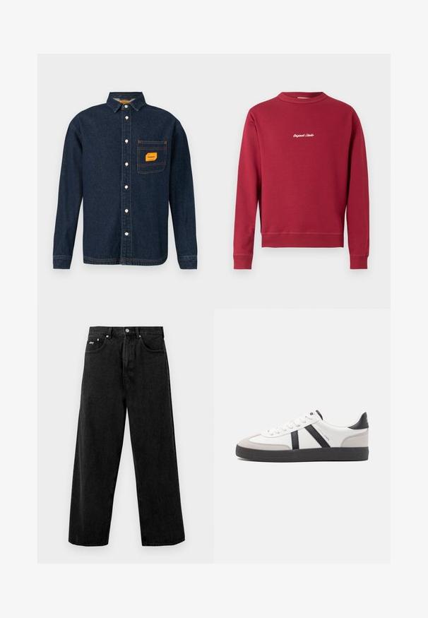 Bordeaux sweatvest van een katoenmix met een ronde hals, ribgebreide manchetten en onderrand. Voorzien van witte geborduurde tekst "Original Studio" op de voorkant.; Donkerblauwe denim shirt met button-down kraag, oranje label op de borstzak en witte knopen. Zachte textuur met contrasterende stikseldetails.; Zwarte wijde jeans gemaakt van denim, met een knoopsluiting en voorzakken. Subtiel merklogo op de tailleband. Matte textuur.; Witte sneaker met zwarte en grijze accenten, voorzien van een grijze neus met textuur, zwarte rubberen zool en platte witte veters. Schoon ontwerp, minimalistische stijl.