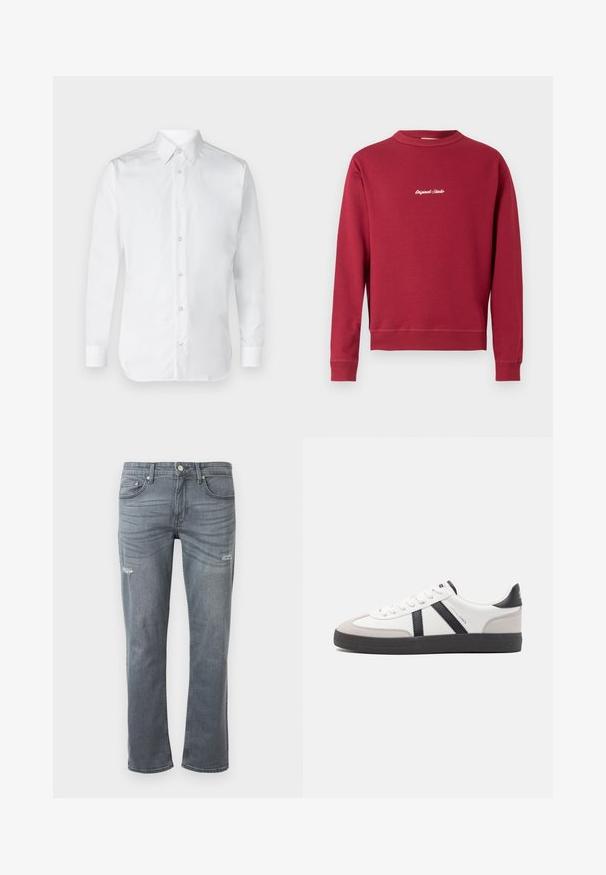 Burgunderfarbener Sweatshirt aus Baumwollmischung mit Rundhalsausschnitt, gerippten Bündchen und Saum. Auf der Vorderseite befindet sich der weiße gestickte Text "Original Studio".; Weißes Hemd mit langen Ärmeln, aus glattem Baumwollstoff, mit einem klassischen Kragen und subtiler Glanz. Fünf Knöpfe vorne.; Graue Denim-Jeans mit geradem Bein, leichtem Distressing an den Knien und klassischem Fünf-Taschen-Design. Knopfverschluss an der Taille.; Weiße Sneaker mit schwarz- und grau-aczenten, ausgestattet mit einer strukturierten grauen Zehenkappe, schwarzer Gummi-Sohle und flachen weißen Schnürsenkeln. Sauberes Design, minimalistische Stil.