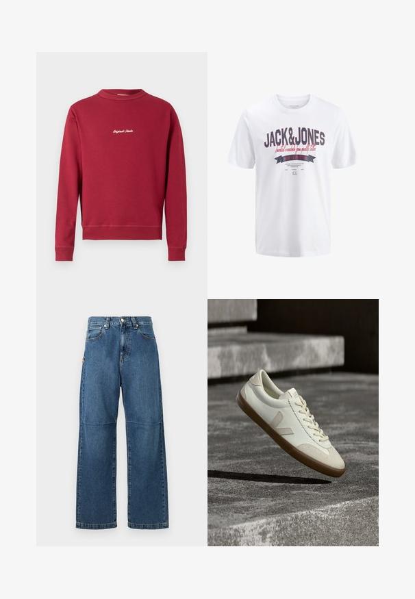 Burgundia puuvillasegusest kangast dressipluus, millel on ümmargune kaelus, soonikust varrukad ja alumine äär. Ees on valge tikandiga tekst "Original Studio".; Jack & Jones T- - Trükipildiga T-särk - bright white; Sinised teksapüksid, millel on mugav lõige, sirged sääred, nähtavad õmblused ja ees nupuga sulgemine. Omab küljetaskut, millel on aktsent.; Valged nahast tennised pruunika kummist tallaga, lamedate paeltega ja V-kujulise aktsendiga küljel. Omaduseks on sile pind ja minimaalsed õmblused.