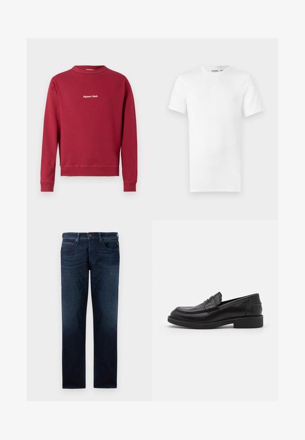 Burgunderfarbener Sweatshirt aus Baumwollmischung mit Rundhalsausschnitt, gerippten Bündchen und Saum. Auf der Vorderseite befindet sich der weiße gestickte Text "Original Studio".; Ein schlichtes weißes T-Shirt mit kurzen Ärmeln und Rundhalsausschnitt, mit einem kleinen Markenetikett im Krageninneren, auf weißem Hintergrund dargestellt.; Dunkelblaue Jeans aus Denim mit geradem Bein, fünf Taschenstil und sichtbarem Knopfverschluss an der Taille. Glatte Textur.; Schwarze Lederloafer mit abgerundetem Zeh, farblich abgestimmtem Nähen und einem Riemendetail an der Vorderseite. Gummi-Sohle mit niedrigem Absatz.