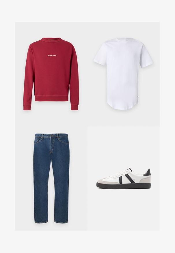 Bordeaux sweatshirt lavet af en bomuldsblanding med rund hals, ribbede manschetter og nederste kant. Har hvidt broderet tekst "Original Studio" på forsiden.; Hvid kortærmet t-shirt lavet af bomuld. Rund halsudskæring med en buet kant. Etiket synlig på nederste venstre side. Glat tekstur.; Mørkeblå denim jeans med lige pasform, der har fem lommer og knaplukning. Stoffet har en synlig struktur og subtil stribing.; Hvide sneakers med sorte og grå detaljer, med en tekstureret grå tåhætte, sort gummisål og flade hvide snørebånd. Rent design, minimalistisk stil.