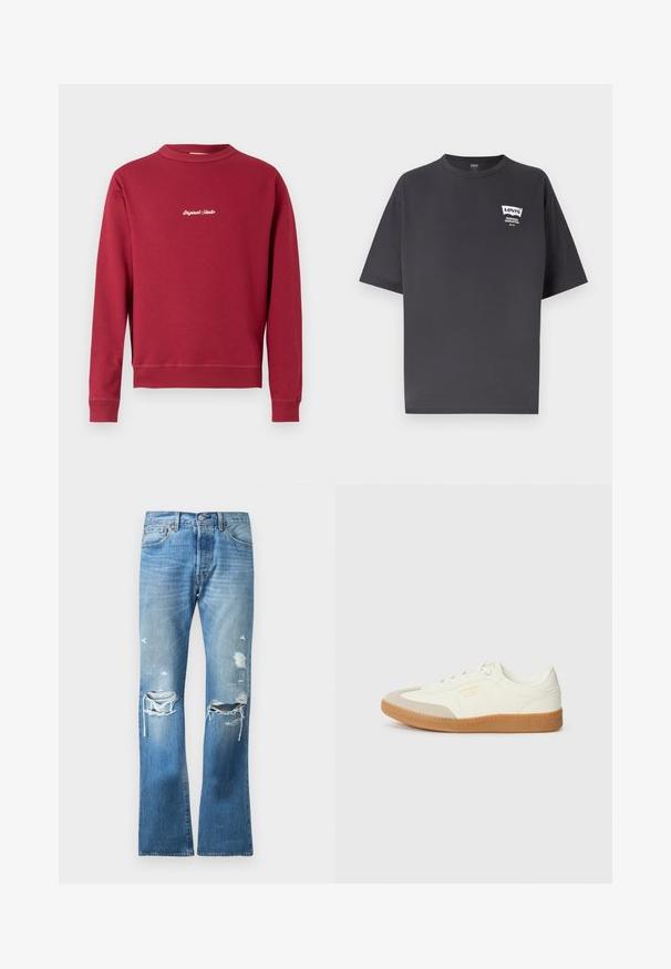 Sudadera burdeos de mezcla de algodón con cuello redondo, puños y bajo acanalados. Cuenta con texto bordado en blanco "Original Studio" en la parte delantera.; Camiseta Levi's de manga corta en gris oscuro con cuello redondo y pequeño logo blanco en el pecho izquierdo que dice "Levi's Freshness Guaranteed."; Jeans de mezclilla azules de pierna recta con un lavado descolorido y múltiples desgastes en ambas rodillas y muslos superiores.; Zapatilla de cuero blanca con puntera beige y suela de goma marrón claro. Presenta cordones planos blancos y una marca en relieve en el lateral.