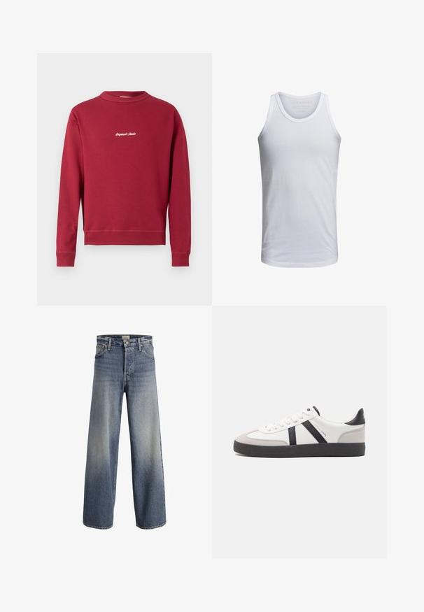 Bordeaux sweatvest van een katoenmix met een ronde hals, ribgebreide manchetten en onderrand. Voorzien van witte geborduurde tekst "Original Studio" op de voorkant.; Witte katoenen tanktop met een ronde hals, brede schouderbanden en minimale branding binnen de kraag. Zachte textuur, casual pasvorm.; Lichtblauwe wijde denim jeans. Kenmerken zijn een hoge taille, knoopsluiting en subtiele vervaging met een soepele textuur en gestikte naden.; Witte sneaker met zwarte en grijze accenten, voorzien van een grijze neus met textuur, zwarte rubberen zool en platte witte veters. Schoon ontwerp, minimalistische stijl.