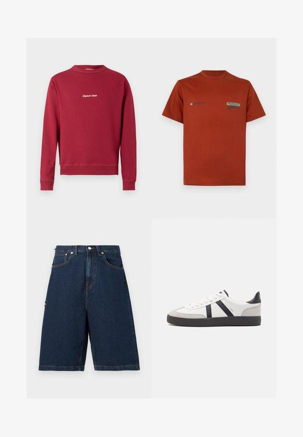 Burgunderfarbener Sweatshirt aus Baumwollmischung mit Rundhalsausschnitt, gerippten Bündchen und Saum. Auf der Vorderseite befindet sich der weiße gestickte Text "Original Studio".; Rostfarbenes T-Shirt mit kurzen Ärmeln und Rundhalsausschnitt mit kleinen schwarzen und beigen Textlogos auf der oberen Brust, einfarbiger Hintergrund.; Dunkelblaue Denim-Shorts mit lockerer Passform, ausgestattet mit zwei vorderen Taschen und einer einzelnen Gesäßtasche, abgerundet mit orangefarbenen Nähakzenten.; Weiße Sneaker mit schwarz- und grau-aczenten, ausgestattet mit einer strukturierten grauen Zehenkappe, schwarzer Gummi-Sohle und flachen weißen Schnürsenkeln. Sauberes Design, minimalistische Stil.