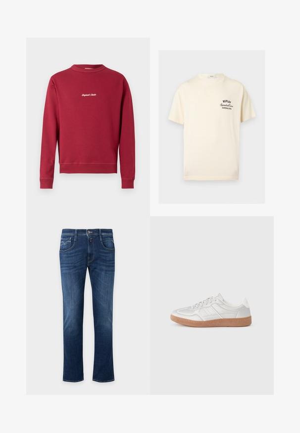 Bordeaux sweatshirt lavet af en bomuldsblanding med rund hals, ribbede manschetter og nederste kant. Har hvidt broderet tekst "Original Studio" på forsiden.; Kremfarvet T-shirt med korte ærmer med sort tekst "REPLAY Squadra Corse ADRENALINA" på venstre bryst og rund halsudskæring.; Mørkeblå straight-leg jeans med forreste knap, lynlås og design med fem lommer.; Sølv sneakers med en glat overflade, snørebånd, perforerede detaljer og en struktureret brun gummi sål.