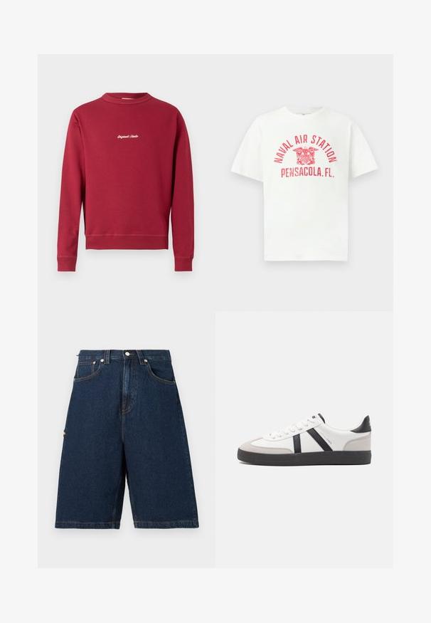 Burgunderfarbener Sweatshirt aus Baumwollmischung mit Rundhalsausschnitt, gerippten Bündchen und Saum. Auf der Vorderseite befindet sich der weiße gestickte Text "Original Studio".; Weißes T-Shirt mit kurzen Ärmeln und rotem Text "NAVAL AIR STATION PENSACOLA, FL." sowie einem Adleremblem in der Mitte der Vorderseite.; Dunkelblaue Denim-Shorts mit lockerer Passform, ausgestattet mit zwei vorderen Taschen und einer einzelnen Gesäßtasche, abgerundet mit orangefarbenen Nähakzenten.; Weiße Sneaker mit schwarz- und grau-aczenten, ausgestattet mit einer strukturierten grauen Zehenkappe, schwarzer Gummi-Sohle und flachen weißen Schnürsenkeln. Sauberes Design, minimalistische Stil.