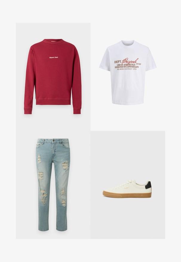 Sudadera burdeos de mezcla de algodón con cuello redondo, puños y bajo acanalados. Cuenta con texto bordado en blanco "Original Studio" en la parte delantera.; Camiseta blanca de manga corta con texto en marrón y óxido que dice "DEPT. Originals Urban Aesthetics Designed in Copenhagen Holmen District CPH."; Vaqueros desgastados de color azul claro con detalles rasgados y bordes deshilachados. Diseño clásico de cinco bolsillos y corte recto.; Zapatilla de lona blanca con suela de goma, acento negro en el talón, punta redonda y diseño con cordones. Presenta el logo de la marca en dorado en el lateral.