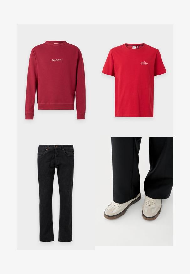 Bordeaux sweatshirt lavet af en bomuldsblanding med rund hals, ribbede manschetter og nederste kant. Har hvidt broderet tekst "Original Studio" på forsiden.; Pepe Jeans THIAGO TEE - T-shirts print - rugby red; Sorte denim jeans med et lige ben-design, der har fem lommer, diskret slidmærker og orange syninger som detaljer.; Fødder iført beige sneakers med brune såler og sorte bukser med vide ben på hvid baggrund.