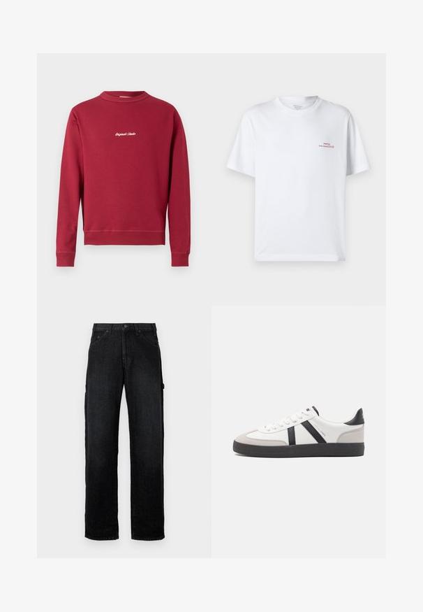 Burgunderfarbener Sweatshirt aus Baumwollmischung mit Rundhalsausschnitt, gerippten Bündchen und Saum. Auf der Vorderseite befindet sich der weiße gestickte Text "Original Studio".; Weißes Baumwoll-T-Shirt mit kurzen Ärmeln, rundem Ausschnitt und kleinem roten Schriftzug auf der oberen linken Seite. Weiche Textur und lockere Passform.; Schwarze Denim-Jeans mit geradem Bein, ausgestattet mit Fronttaschen, Knopfschluss und seitlichen Taschen für zusätzlichen Stauraum.; Weiße Sneaker mit schwarz- und grau-aczenten, ausgestattet mit einer strukturierten grauen Zehenkappe, schwarzer Gummi-Sohle und flachen weißen Schnürsenkeln. Sauberes Design, minimalistische Stil.