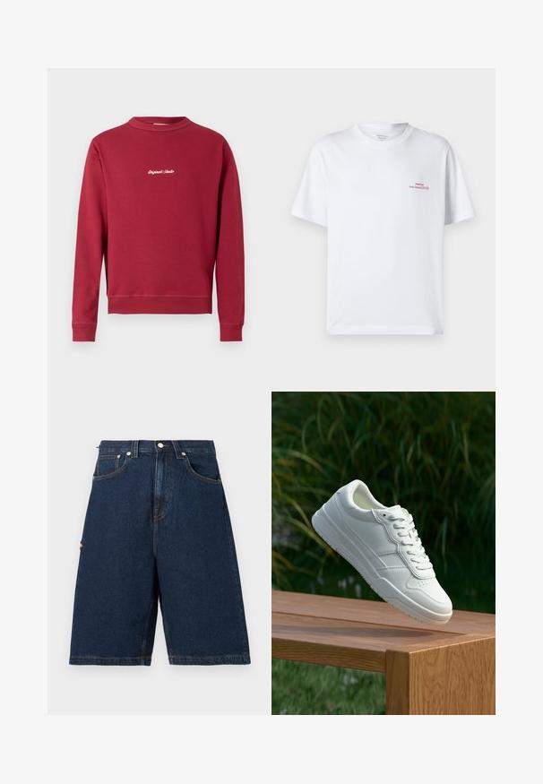 Burgunderfarbener Sweatshirt aus Baumwollmischung mit Rundhalsausschnitt, gerippten Bündchen und Saum. Auf der Vorderseite befindet sich der weiße gestickte Text "Original Studio".; Weißes Baumwoll-T-Shirt mit kurzen Ärmeln, rundem Ausschnitt und kleinem roten Schriftzug auf der oberen linken Seite. Weiche Textur und lockere Passform.; Dunkelblaue Denim-Shorts mit lockerer Passform, ausgestattet mit zwei vorderen Taschen und einer einzelnen Gesäßtasche, abgerundet mit orangefarbenen Nähakzenten.; Weiße Ledersneaker mit glatter Oberfläche, ausgestattet mit einem perforierten Design, klassischer Schnürung und Gummisohle, positioniert auf einer Holzoberfläche.