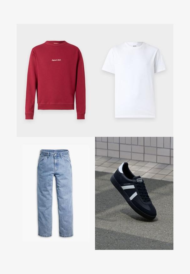 Sudadera burdeos de mezcla de algodón con cuello redondo, puños y bajo acanalados. Cuenta con texto bordado en blanco "Original Studio" en la parte delantera.; Camiseta de algodón blanca con cuello redondo y mangas cortas. Diseño simple sin patrones ni gráficos, con la marca GAP en el cuello.; Vaqueros de mezclilla azul claro de pierna recta con cierre frontal de botón y cremallera, trabillas para cinturón y bolsillos delanteros inclinados.; Zapatilla de cuero negra con rayas blancas, suela de goma texturizada y parte frontal con cordones. Cuenta con una etiqueta de marca en la lengüeta.