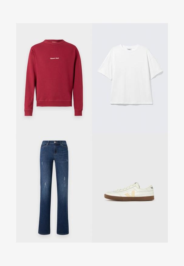 Bordeaux sweatshirt lavet af en bomuldsblanding med rund hals, ribbede manschetter og nederste kant. Har hvidt broderet tekst "Original Studio" på forsiden.; Hvid oversized t-shirt med korte ærmer og rund halsudskæring med sænkede skuldre, fladt lagt på lys grå baggrund.; ONLY ONLWAUW MID WAIST - Jeans Slim Fit - dark blue denim; Hvid lavskaftet sneaker med beige "V"-logo, brun gummisål, snørebånd og sort tekst på hæl og tunge mod en ensfarvet baggrund.
