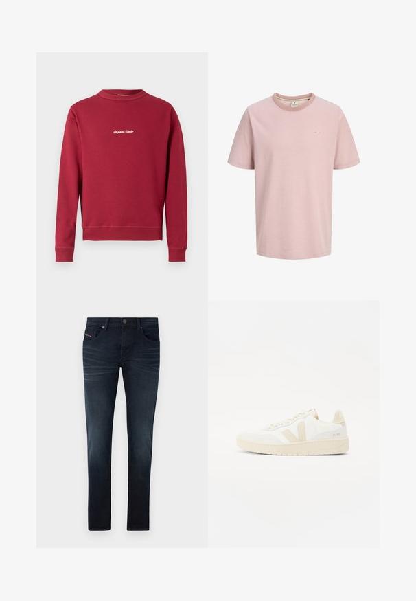 Burgunderfarbener Sweatshirt aus Baumwollmischung mit Rundhalsausschnitt, gerippten Bündchen und Saum. Auf der Vorderseite befindet sich der weiße gestickte Text "Original Studio".; Hellrosa T-Shirt mit kurzen Ärmeln, Rundhalsausschnitt, kleinem weißen Logo auf der linken Brust und schlichtem, einfarbigem Design.; Dunkelblaue Jeans aus Denim mit schlanker Passform, ausgestattet mit fünf Taschen, subtilen Verblassungen und einem Metallknopfverschluss am Bund.; Weißer Sneaker mit beigen Akzenten, ausgestattet mit einem strukturierten Obermaterial, runder Zehenpartie und einer dicken Gummisohle. Das Design umfasst das ikonische V-Logo und Branding.