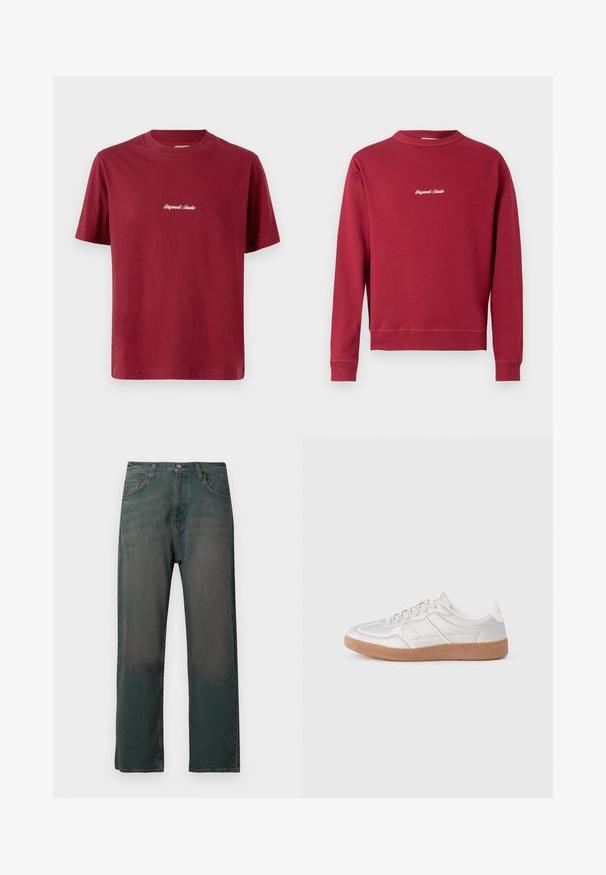 Bordeaux sweatshirt lavet af en bomuldsblanding med rund hals, ribbede manschetter og nederste kant. Har hvidt broderet tekst "Original Studio" på forsiden.; Burgunderrød bomulds t-shirt med korte ærmer og rund hals. Har hvid broderet tekst, der siger "Originals Studio" på forsiden.; Mørkegrønne denimjeans med lige ben, der har et klassisk design med fem lommer og kontrastsyninger langs sømmene.; Sølv sneakers med en glat overflade, snørebånd, perforerede detaljer og en struktureret brun gummi sål.