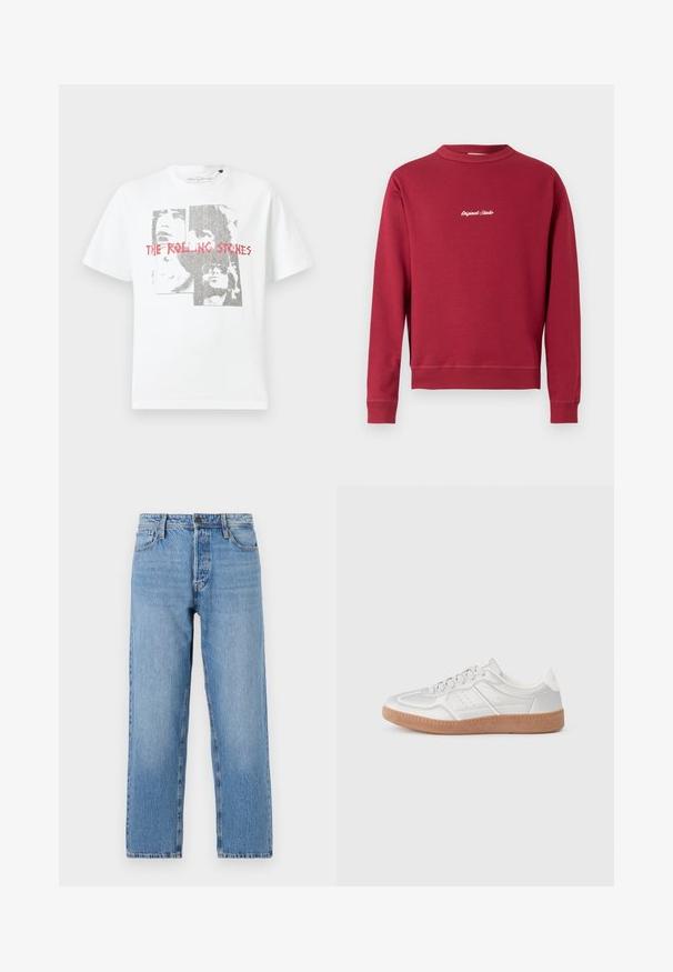 Bordeaux sweatshirt lavet af en bomuldsblanding med rund hals, ribbede manschetter og nederste kant. Har hvidt broderet tekst "Original Studio" på forsiden.; Hvid bomulds T-shirt med et grafisk print af ansigter og teksten "THE ROLLING STONES" i rød. Rund hals og korte ærmer.; Lyseblå denimjeans med lige ben, der har en knap- og lynlås lukning, fem lomme-stil og subtilt slid.; Sølv sneakers med en glat overflade, snørebånd, perforerede detaljer og en struktureret brun gummi sål.
