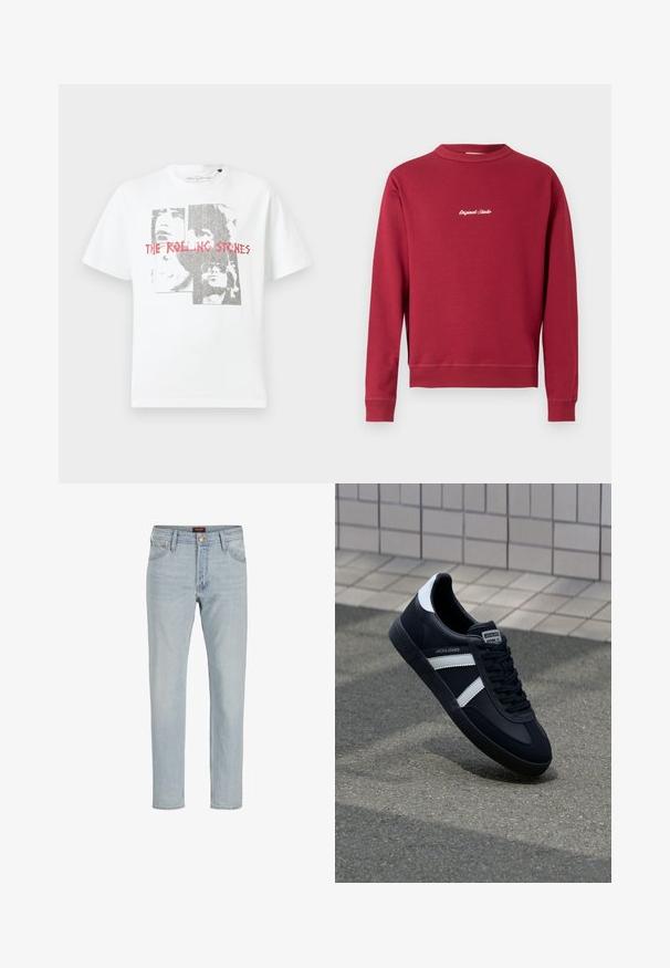 Bordeaux sweatshirt lavet af en bomuldsblanding med rund hals, ribbede manschetter og nederste kant. Har hvidt broderet tekst "Original Studio" på forsiden.; Hvid bomulds T-shirt med et grafisk print af ansigter og teksten "THE ROLLING STONES" i rød. Rund hals og korte ærmer.; Lysblå denim jeans med lige snit, fem-lommet design, knaplukning og let slidt tekstur.; Sort lædersneaker med hvide striber, tekstureret gummisål og snørrebånd foran. Har et brandet mærke på tungen.