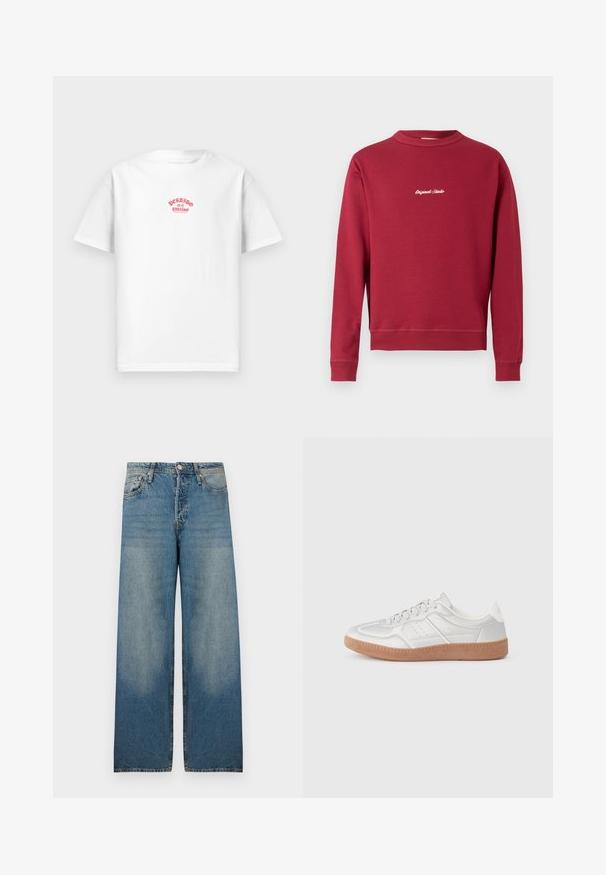 Burgunderfarbener Sweatshirt aus Baumwollmischung mit Rundhalsausschnitt, gerippten Bündchen und Saum. Auf der Vorderseite befindet sich der weiße gestickte Text "Original Studio".; Weißes Baumwoll-T-Shirt mit rotem Druckdesign, das "Perdido en el paraíso" über die Brust liest, mit kurzen Ärmeln und lockerer Passform.; Helleblaue weit geschnittene Jeans aus Denim-Stoff, mit einer hohen Taille, fünf Taschen und ausgebleichten Stellen für einen Vintage-Look.; Silberne Sneakers mit glatter Textur, Schnürdesign, durchbrochenen Akzenten und einer strukturierten braunen Gummisohle.