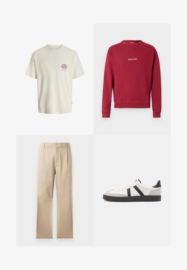 Sudadera burdeos de mezcla de algodón con cuello redondo, puños y bajo acanalados. Cuenta con texto bordado en blanco "Original Studio" en la parte delantera.; Camiseta blanca de manga corta con el texto rojo "Edición de Studio Originals" en el lado izquierdo del pecho, exhibida sobre un fondo gris neutro.; Pantalones rectos beige hechos de suave tela de algodón, con cierre de botón, pliegues en la parte delantera y bajos limpios y sencillos.; Zapatilla blanca con acentos en negro y gris, que presenta una puntera texturizada en gris, suela de goma negra y cordones planos blancos. Diseño limpio, estilo minimalista.