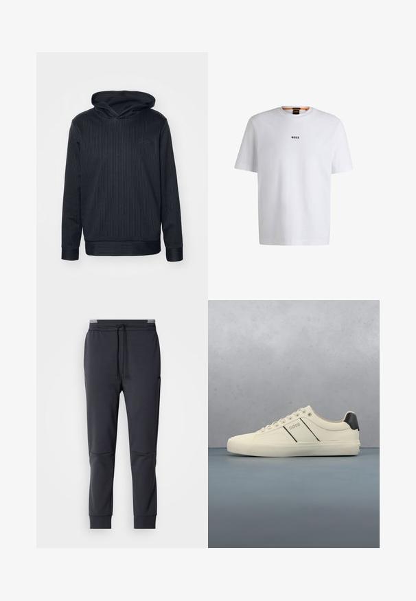 Sort hættetrøje med lodrette striber, lange ærmer og ribstrikkede mansjetter. Har et logo i en diskret tone på forsiden. Blød tekstur.; Hvid bomuld T-shirt med korte ærmer, med et sort "BOSS" logo centreret på brystet og en rund halsudskæring.; Mørkegrå sweatpants med snoretræk i taljen, tapered ben og sidelommer. Glat tekstur og minimalistiske designdetaljer.; Cremefarvede sneakers med en glat tekstur, der har sorte accenter og branding. Klassisk snørebåndsdesign med rund tå og gummisål.