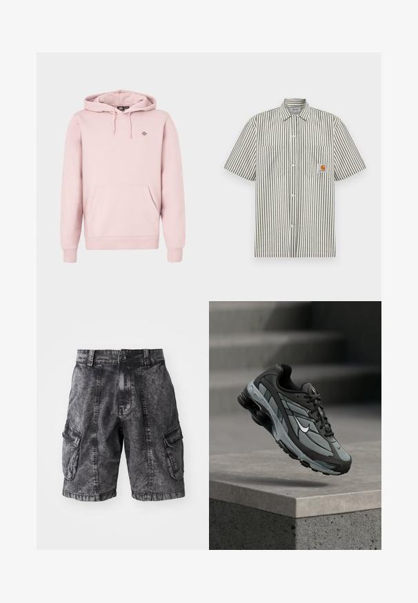 Sudadera con capucha de color rosa claro que cuenta con un bolsillo frontal, capucha con cordón ajustable y un pequeño logo en el pecho. Está hecha de un tejido suave con puños acanalados.; Camisa de rayas de manga corta en gris y blanco, que cuenta con dos bolsillos en el pecho y una placa rectangular con el logo en color naranja. Diseño con botones en la parte delantera.; Pantalones cortos cargo de mezclilla negra con textura desgastada, dos bolsillos laterales y cierre de botón. Hasta la rodilla con costuras reforzadas.; Zapatilla deportiva gris y negra con paneles de malla y suela gruesa, posicionada en el aire sobre un saliente de hormigón con escaleras de fondo.
