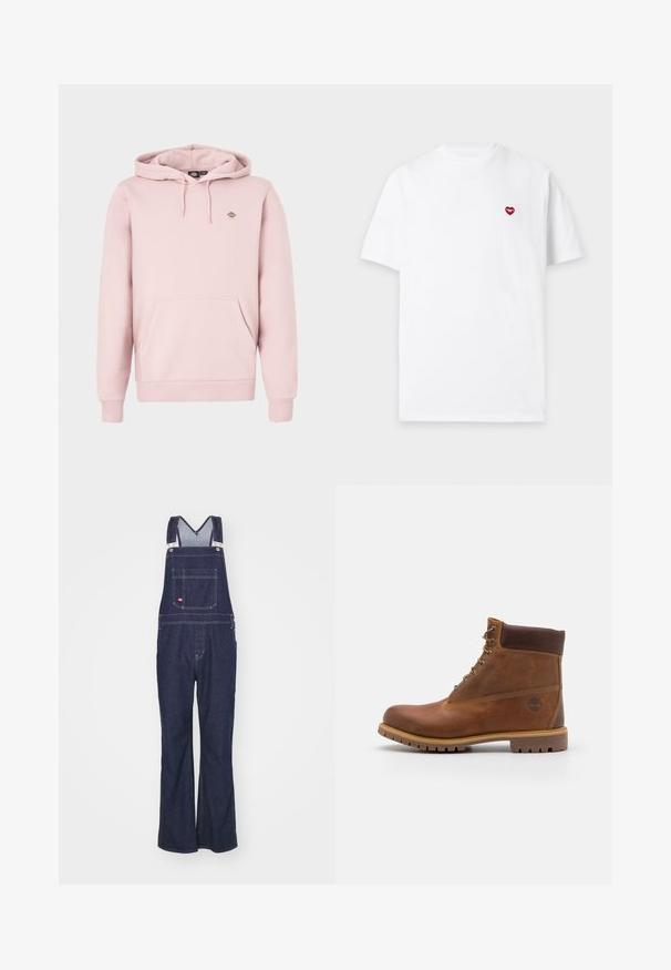 Lyserød hættetrøje med frontlomme, justerbar snørre i hætten og et lille logo på brystet. Fremstillet af blødt stof med ribstrikkede manchetter.; Simpel hvid T-shirt med korte ærmer og et lille rødt hjerteemblem på venstre brystområde på en lys grå baggrund.; Dickies CLASSIC - Jeans Straight Leg - rinsed; Brun læder vandrestøvle med en glat finish, polstret ankel, metalliske snørehuller og en gummisål med et robust dækmønster.