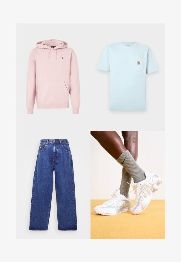 Lyserød hættetrøje med frontlomme, justerbar snørre i hætten og et lille logo på brystet. Fremstillet af blødt stof med ribstrikkede manchetter.; Lys blå T-shirt med korte ærmer og rund hals samt en brystlomme med et lille brunt og orange Carhartt-logo.; Bredde ben, blå denim jeans med høj talje, der har fem lommer, knaplukning og subtile blødgøringer for tekstur.; Nike sneakers i hvid med sølv accenter, der har teksturerede paneler og perforeringer. Sammen med grå ribbede sokker, sat mod en gul baggrund.