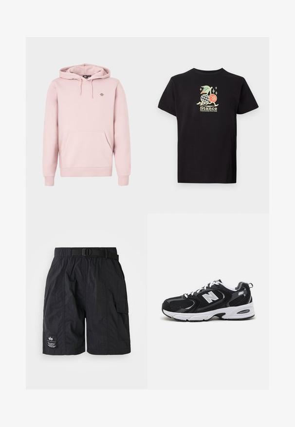 Sudadera con capucha de color rosa claro que cuenta con un bolsillo frontal, capucha con cordón ajustable y un pequeño logo en el pecho. Está hecha de un tejido suave con puños acanalados.; Camiseta de algodón negra con un colorido estampado gráfico de una piña y cerezas, el texto dice "Stance Community Run Club". Mangas cortas.; Pantalones cortos cargo negros hechos de tela ligera. Cuentan con una cintura elástica con cinturón, bolsillo lateral y una parche con logo en la pierna izquierda.; Zapatillas deportivas en negro y gris con parte superior de malla y ante, que cuentan con una entresuela blanca, cordones y un llamativo logo "N" en el lateral.