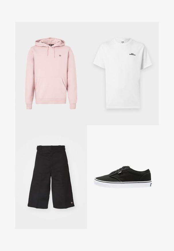Sudadera con capucha de color rosa claro que cuenta con un bolsillo frontal, capucha con cordón ajustable y un pequeño logo en el pecho. Está hecha de un tejido suave con puños acanalados.; Camiseta blanca de manga corta con cuello redondo, con pequeño texto negro "OBEY WORLDWIDE" en el área del lado izquierdo del pecho.; Pantalones cortos de pierna ancha en negro, hechos de un tejido duradero. Presentan una textura suave y un pequeño logo en el dobladillo. Cuatro trabillas en la cintura.; Zapatillas de lona negras con suelas de goma blancas, punta redondeada, cinco ojales, branding mínimo y costuras en blanco y negro.