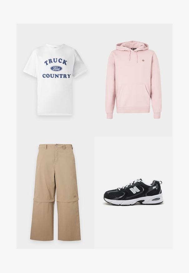 Sudadera con capucha de color rosa claro que cuenta con un bolsillo frontal, capucha con cordón ajustable y un pequeño logo en el pecho. Está hecha de un tejido suave con puños acanalados.; Camiseta de algodón blanca con texto impreso en azul "TRUCK COUNTRY" y un logo ovalado en azul de "Ford" en el centro. Mangas cortas y cuello redondo.; Pantalones cargo convertibles beige con piernas inferiores desmontables con cremalleras, trabillas para cinturón, bolsillos laterales y cierre de botones, exhibidos sobre fondo blanco.; Zapatillas deportivas en negro y gris con parte superior de malla y ante, que cuentan con una entresuela blanca, cordones y un llamativo logo "N" en el lateral.