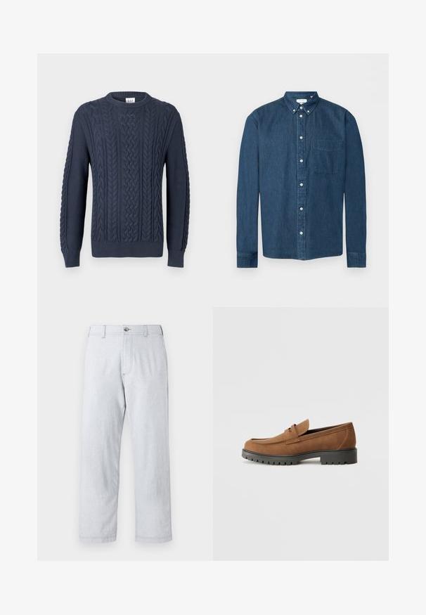 Marineblå kabelstrikket sweater med rund hals, ribbede ærmekanter og kant, med et struktureret mønster og vævet design.; Mørkeblå denimskjorte med knapper, lange ærmer, en forlommer til venstre og en knaplukket krave, vist på en hvid baggrund.; Lys grå, lige ben bukser lavet af tekstureret stof. Har en frontlukkefunktion med knap og bæltestropper. Ingen synlige mønstre eller accenter.; Brune Suede loafers med en rund tå og en lav sort gummisål, der har et dekorativt bånd og syninger på overdelen.