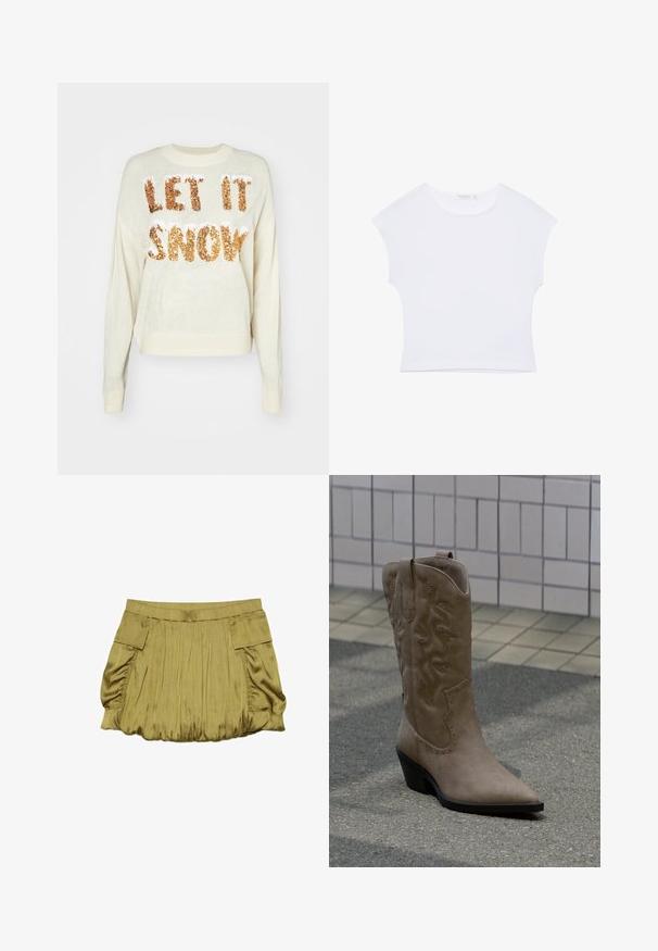 Pull crème avec le texte "LAISSEZ NEIGER" en sequins dorés étincelants, doté d'un col rond et de poignets et d'un ourlet côtelés.; T-shirt court blanc à manches courtes avec col rond, en tissu lisse, posé à plat sur un fond blanc.; Jupe courte vert olive avec tissu froncé, taille élastique et deux poches à rabat sur les côtés.; Botte de cowboy haute en daim beige avec coutures décoratives et clous, dotée d'un bout pointu et d'un talon noir incliné sur le trottoir.