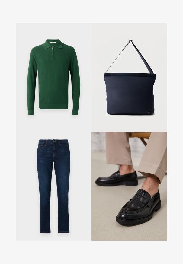 Donkergroene gebreide polo trui met lange mouwen en een ritskraag. Heeft een ribbelstructuur en aansluitende manchetten. Eenvoudig ontwerp zonder patronen.; Donkerblauwe denim jeans met een slim fit, standaard vijf-pocket ontwerp en een knoop- en ritssluiting. Gladde textuur met minimale vervaging.; Zwarte leren loafers met een gladde afwerking, voorzien van een decoratieve band en contrasterende stiksels, gecombineerd met beige broeken.; Marineblauwe rechthoekige schoudertas met verstelbare zwarte band en een klein zwart logoplaatje rechtsonder.