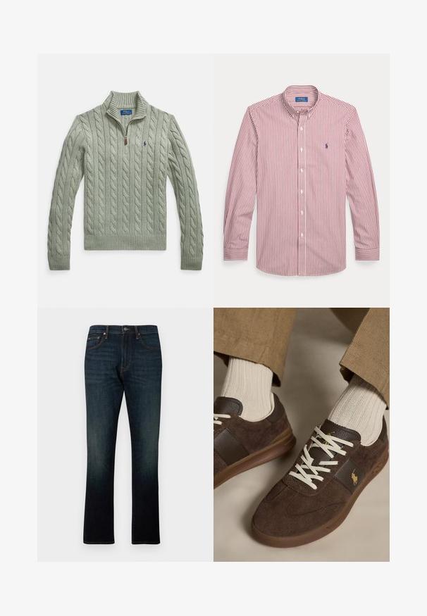 Pull vert clair en maille torsadée avec un col zippé, des poignets côtelés et un ourlet côtelé. Présente un petit logo bleu marine sur la poitrine.; Chemise à manches longues avec boutons, rayures verticales rouges et blanches et petit logo Polo Ralph Lauren bleu sur la poitrine.; Jean denim bleu foncé à jambe droite avec cinq poches et coutures orange, présenté à plat sur fond blanc.; Baskets en daim marron avec lacets blancs portées avec des chaussettes côtelées beiges et un pantalon marron clair.