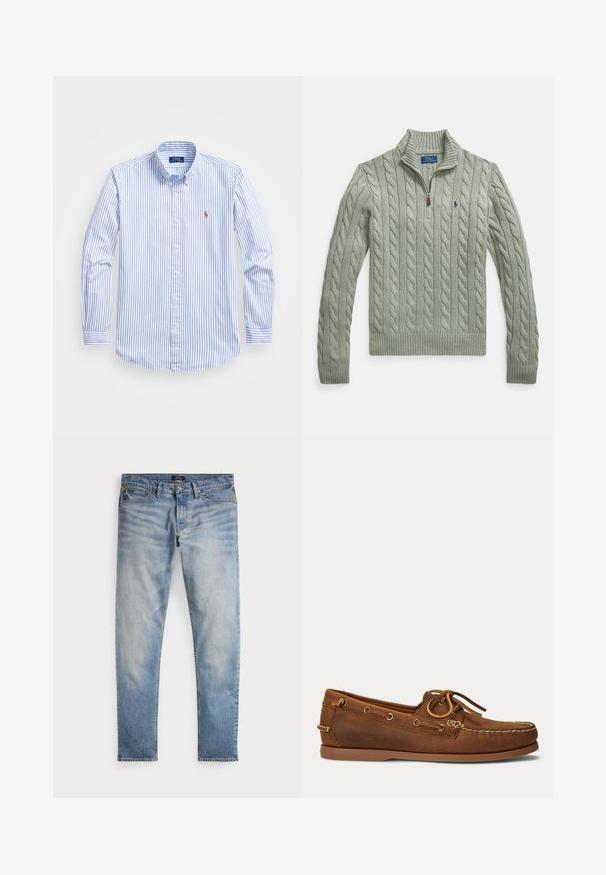 Hele roheline soonikuga kampsun, millel on lukuga krae, soonilised varrukaotsad ja alläär. Rinnal väike tumesinine logo.; Hele sinine ja valge triibuline nööpidega ees sirge pluus, millel on krae, pikad varrukad ja väike logo rinnal. Puuvillane materjal.; Heledad sinine teksapüksid, tuhm finish, viie tasku disain ja kontrastne õmblus. Omab tõmblukku ja vööauke. Sirge lõige.; Pruun nahast paatjalats mokasiinõmblusega, paela detail metallist silmuste kaudu tõmmatud ja lame kummist tald küljepealt vaadatuna.