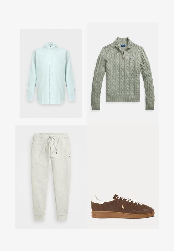 Suéter de punto grueso color verde claro con cuello con cremallera, puños y dobladillo acanalados. Presenta un pequeño logo en azul marino en el pecho.; Camisa de manga larga azul claro con botones, cuello abotonado, botones blancos y dobladillo curvado sobre fondo neutro.; Pantalones de chándal grises con cintura elástica y cordón, puños elásticos, bolsillos laterales y un pequeño logo en la parte superior de la pierna izquierda. Textura de tela suave.; Zapatilla de ante marrón con cordones y talón blancos, suela de goma y logo dorado del caballo de Ralph Lauren en el lateral.