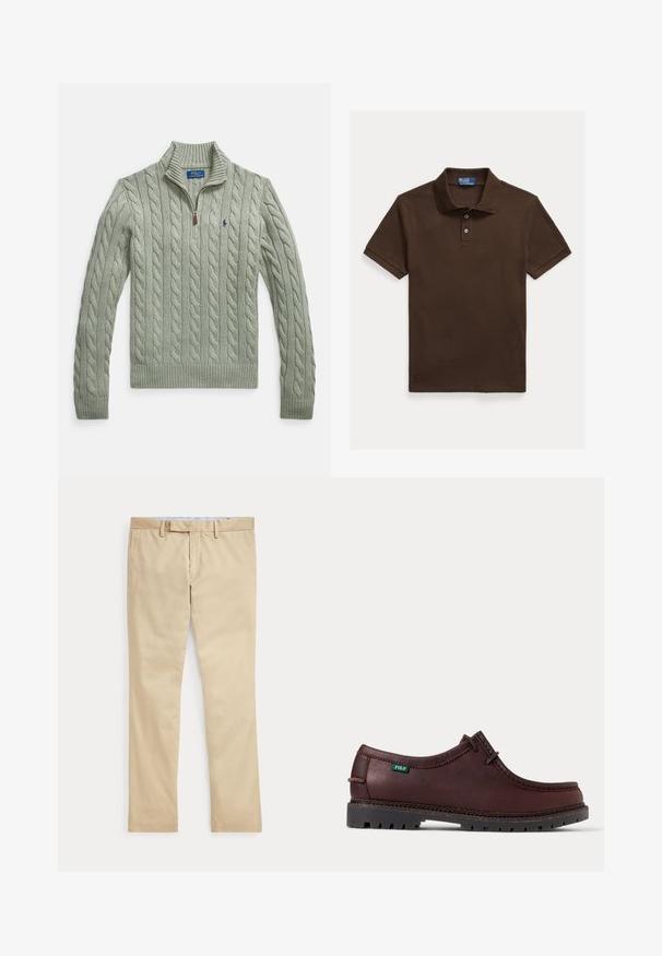 Suéter de punto grueso color verde claro con cuello con cremallera, puños y dobladillo acanalados. Presenta un pequeño logo en azul marino en el pecho.; Polo marrón con tejido texturizado, tapeta de tres botones y mangas cortas. Detalle de logo cerca del dobladillo.; Pantalones beige de corte recto con trabillas para cinturón y cremallera frontal, colocados planos sobre un fondo blanco.; Zapato estilo mocasín de cuero marrón oscuro con suela negra resistente y etiqueta con el logo verde de Polo en el lateral, mostrado en vista lateral.