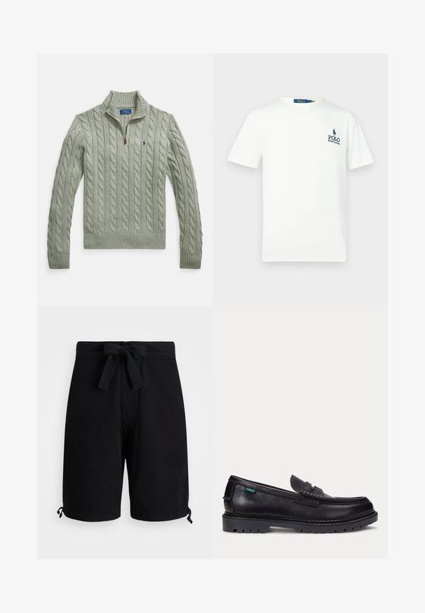 Suéter de punto grueso color verde claro con cuello con cremallera, puños y dobladillo acanalados. Presenta un pequeño logo en azul marino en el pecho.; Camiseta blanca de algodón con cuello redondo, mangas cortas, y un logo azul de "POLO Ralph Lauren" en el lado izquierdo del pecho.; Bañador negro hecho de tejido ligero, con un lazo ajustable en la cintura y detalles de toggle ajustables en los dobladillos.; Mocasín de cuero negro con suela gruesa estriada y pequeña etiqueta verde "Polo" en el lado exterior cerca del talón.