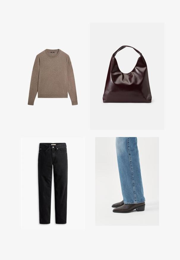 Langærmet crewneck-sweater i lysebrunt strikket stof med ribbet manchet og kant, vist på en ensfarvet hvid baggrund.; Sorte straight-leg jeans med knap- og lynlåslukning, bæltestropper samt for- og baglommer, vist fladt på hvid baggrund.; Brune læderankelstøvler med spids tå og blokhæl, parret med lysblå lige ben jeans, der fremviser et rent og enkelt design.; Bordeaux, skinnende vegansk læder tote taske med en blød, skulpturel form og et bredt, buet håndtag for nem bæring.
