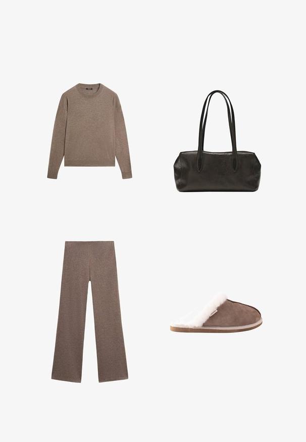 Pull à manches longues col rond en maille marron clair avec bords-côtes aux poignets et à l'ourlet, présenté sur un fond blanc uni.; Pantalons larges marron en tissu doux et texturé. Le design présente une taille haute et une coupe ample, idéale pour un look décontracté.; Chausson à enfiler en daim marron avec une épaisse doublure en polaire blanche et une semelle, conçu pour le confort et la chaleur à l'intérieur.; Sac à main rectangulaire en cuir noir avec longues bretelles doubles et finition texturée, présenté sur un fond blanc uni.