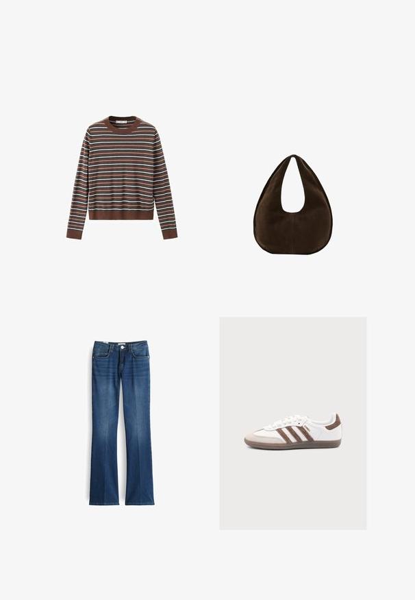 Trui met lange mouwen en ronde hals met horizontale strepen in bruin, grijs, wit en zwart, met geribbelde manchetten en zoom.; Geweide blauwe denim jeans met een middelhoge taille, vijf zakken en een frontale knoopsluiting. De stof vertoont lichte vervaging voor een textuur.; Witte Adidas Samba sneaker met bruine suède strepen, bruine suède neus en gumzool op een lichtgrijze achtergrond.; Donkerbruine suède handtas in halve maanvorm met een enkele brede riem en een gladde textuur op een witte achtergrond.