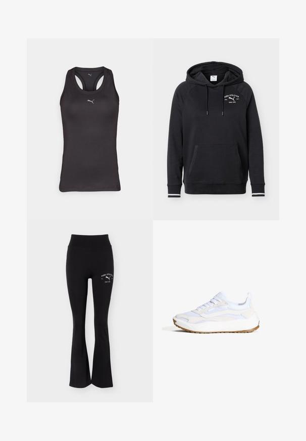 Hoodie Puma noir avec poche kangourou avant, capuche à cordon, logo blanc et texte "Puma Athletics Since 1948" sur la poitrine, et bande blanche aux poignets.; Débardeur de sport noir avec un dos nageur, fabriqué en tissu lisse, présentant un petit logo gris au centre à l'avant.; Pantalon de sport noir évasé avec taille haute et logo blanc Puma Athletics sur la partie supérieure de la cuisse.; Baskets blanches et gris clair avec une tige en mesh, des lacets et une semelle en caoutchouc. Comprend des panneaux texturés et une languette de talon renforcée.