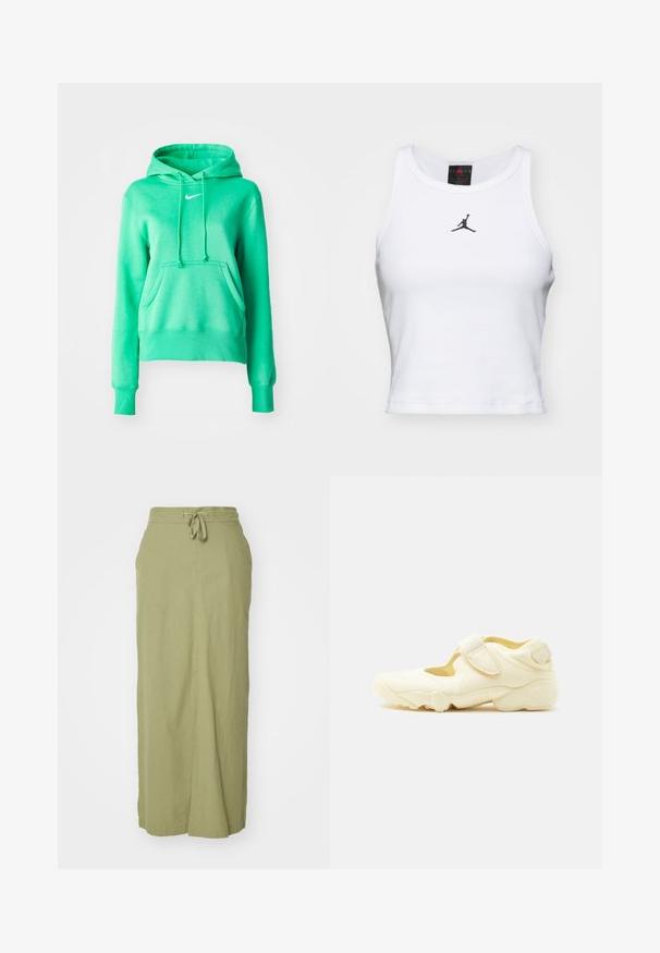 Sudadera verde de tejido suave, con un bolsillo frontal, capucha con cordones, puños acanalados y un pequeño logo blanco en el pecho.; Top corto blanco de algodón con textura acanalada. Cuenta con un logo negro de Jordan en el centro y un clásico escote redondo.; Falda maxi de lino verde oliva con cintura ajustable, silueta recta, bolsillos laterales y una textura suave.; Zapatilla deportiva beige con suela gruesa, diseño con recortes y dos correas ajustables de velcro sobre fondo blanco.