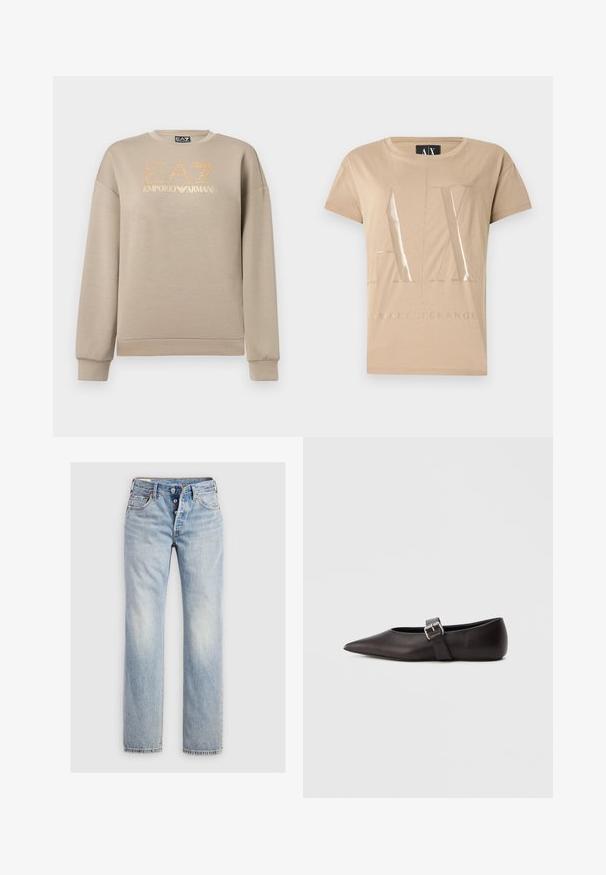 Beige sweatshirt med lange ærmer, der har guldglitter "EA7" og guld "EMPORIO ARMANI" logo tekst foran.; Beige T-shirt med korte ærmer, forsiden prydet med store, blanke "A|X"-bogstaver og teksten "Armani Exchange" nedenunder.; Lysblå denim jeans med lige ben, fem-knap lukning og baglommer med diskret stikning.; Sko med spids tå i sort læder, flad hæl, med en smal rem og en metal spænde på siden. Glat tekstur med et minimalistisk design.