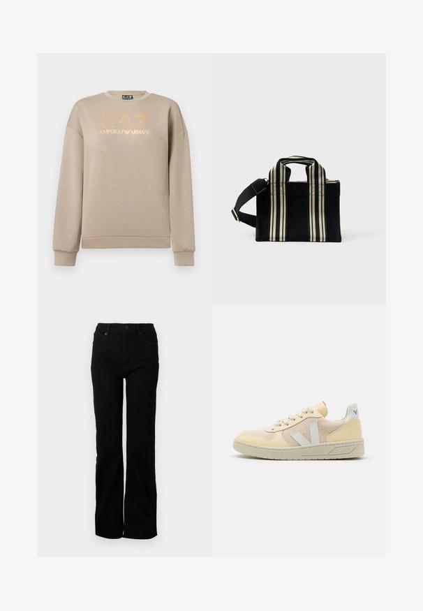 Beige sweatshirt med lange ærmer, der har guldglitter "EA7" og guld "EMPORIO ARMANI" logo tekst foran.; Sorte denim jeans med en straight leg-design, fem lommer, frontlukning med knap og subtil struktur. Ingen synlige mønstre eller accenter.; Gule og beige sneakers med en mesh-overdel, hvide V-logo aksenter, rund tå, flad sål og lyse snørebånd. Simpelt design, minimal detaljering.; Sort lærred tote taske med to toppehåndtag og en aftagelig stribet skulderrem. Har kontrasterende brune striber på siderne.