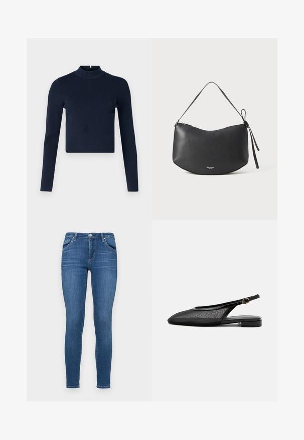 Marineblå ribbet langærmet top med høj hals og cropped design. Fremstillet af tekstureret stof med en minimalistisk stil.; Slanke blå jeans i denimmateriale med mellemhøj talje, fem lomme-design og en glat tekstur med minimal falming.; Sort slingback flad sko med spids tå, mesh overdel, justerbar spænde rem og lav stablet hæl på hvid baggrund.; Sort læder skuldertaske med en buet form, lynlås lukning og et knyttet rem. Viser et diskret logo på forsiden. Glat tekstur.