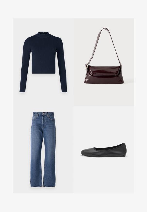 Navyblauw geribbelde langemouwen top met een hoge hals en een cropped ontwerp. Gemaakt van textuurstof met een minimalistische stijl.; Blauwe denim jeans met een hoge taille, wijde pijpen, klassiek vijf-pocket ontwerp en subtiele vervagingen in de stof.; Zwarte leren ballerina met een ronde neus, gladde textuur, minimale stikdetails en een flexibele zoolontwerp.; Donker bordeauxkleurige leren schoudertas met klep en een smalle verstelbare riem, weergegeven op een effen lichte achtergrond.